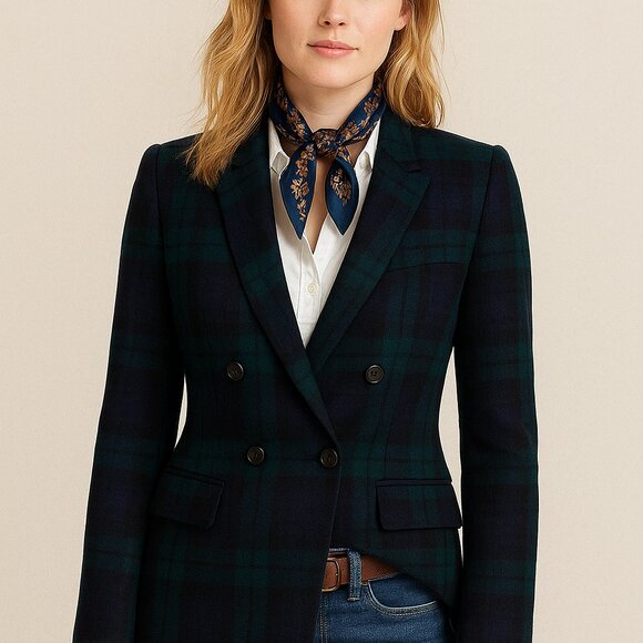 Vintage Tartan100% Wool Black Watch Plaid Double Breasted Blazer Jacket 8 - Picture 1 of 11